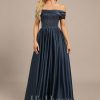 Formal & Evening | A-line Off the Shoulder Floor-Length Satin Lace Evening Dress With Pleated Sequins Dark Navy – Womens