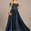 Formal & Evening | A-line Off the Shoulder Floor-Length Satin Lace Evening Dress With Pleated Sequins Dark Navy – Womens