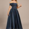 Formal & Evening | A-line Off the Shoulder Floor-Length Satin Lace Evening Dress With Pleated Sequins Dark Navy – Womens