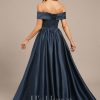 Formal & Evening | A-line Off the Shoulder Floor-Length Satin Lace Evening Dress With Pleated Sequins Dark Navy – Womens