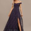 Formal & Evening | A-line Off the Shoulder Floor-Length Sequin Lace Evening Dress As Picture – Womens