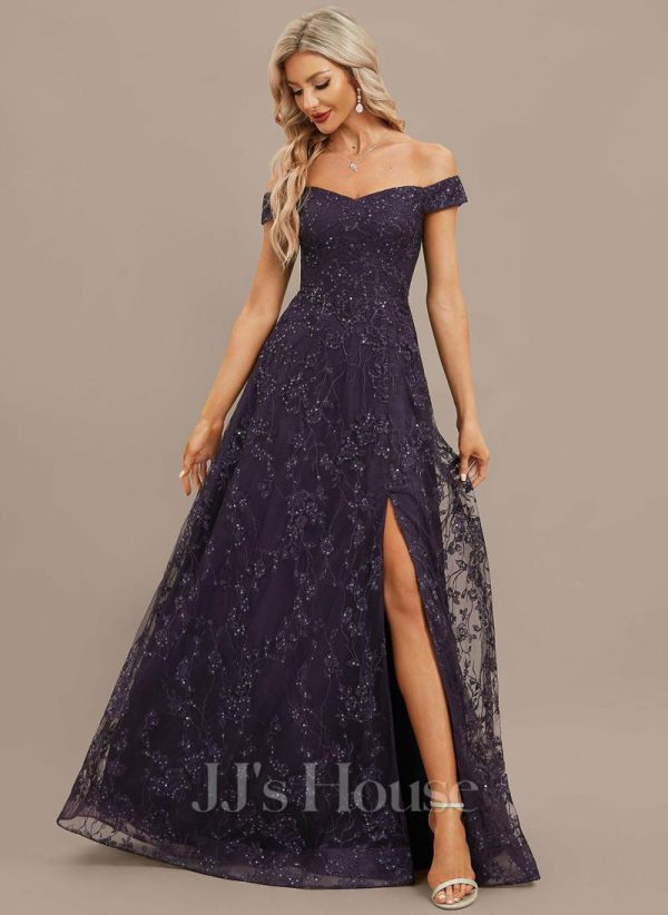 Formal & Evening | A-line Off the Shoulder Floor-Length Sequin Lace Evening Dress As Picture – Womens