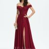 Formal & Evening | A-line Off the Shoulder Sweep Train Lace Chiffon Evening Dress With Sequins Burgundy – Womens