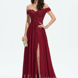 Formal & Evening | A-line Off the Shoulder Sweep Train Lace Chiffon Evening Dress With Sequins Burgundy – Womens