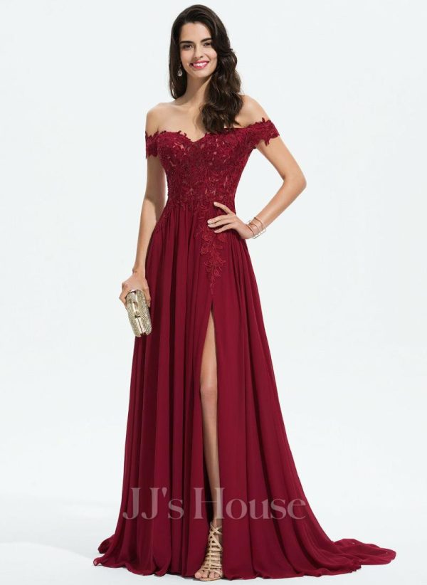 Formal & Evening | A-line Off the Shoulder Sweep Train Lace Chiffon Evening Dress With Sequins Burgundy – Womens