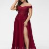 Formal & Evening | A-line Off the Shoulder Sweep Train Lace Chiffon Evening Dress With Sequins Burgundy – Womens