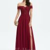 Formal & Evening | A-line Off the Shoulder Sweep Train Lace Chiffon Evening Dress With Sequins Burgundy – Womens