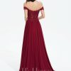 Formal & Evening | A-line Off the Shoulder Sweep Train Lace Chiffon Evening Dress With Sequins Burgundy – Womens