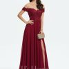 Formal & Evening | A-line Off the Shoulder Sweep Train Lace Chiffon Evening Dress With Sequins Burgundy – Womens