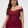 Formal & Evening | A-line Off the Shoulder Sweep Train Lace Chiffon Evening Dress With Sequins Burgundy – Womens