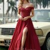 Formal & Evening | A-line Off the Shoulder Sweep Train Lace Chiffon Evening Dress With Sequins Burgundy – Womens