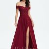 Formal & Evening | A-line Off the Shoulder Sweep Train Lace Chiffon Evening Dress With Sequins Burgundy – Womens