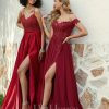 Formal & Evening | A-line Off the Shoulder Sweep Train Lace Chiffon Evening Dress With Sequins Burgundy – Womens