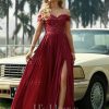 Formal & Evening | A-line Off the Shoulder Sweep Train Lace Chiffon Evening Dress With Sequins Burgundy – Womens