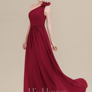 Formal & Evening | A-line One Shoulder Floor-Length Chiffon Evening Dress With Pleated Flower Burgundy – Womens