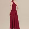 Formal & Evening | A-line One Shoulder Floor-Length Chiffon Evening Dress With Pleated Flower Burgundy – Womens