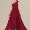 Formal & Evening | A-line One Shoulder Floor-Length Chiffon Evening Dress With Pleated Flower Burgundy – Womens