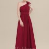 Formal & Evening | A-line One Shoulder Floor-Length Chiffon Evening Dress With Pleated Flower Burgundy – Womens