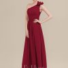 Formal & Evening | A-line One Shoulder Floor-Length Chiffon Evening Dress With Pleated Flower Burgundy – Womens