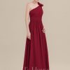 Formal & Evening | A-line One Shoulder Floor-Length Chiffon Evening Dress With Pleated Flower Burgundy – Womens