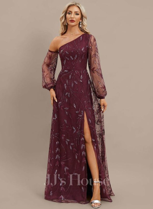 Formal & Evening | A-line One Shoulder Floor-Length Sequin Lace Evening Dress Cabernet – Womens