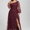 Formal & Evening | A-line One Shoulder Floor-Length Sequin Lace Evening Dress Cabernet – Womens