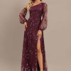 Formal & Evening | A-line One Shoulder Floor-Length Sequin Lace Evening Dress Cabernet – Womens