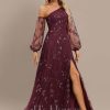 Formal & Evening | A-line One Shoulder Floor-Length Sequin Lace Evening Dress Cabernet – Womens