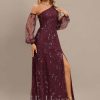 Formal & Evening | A-line One Shoulder Floor-Length Sequin Lace Evening Dress Cabernet – Womens