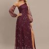 Formal & Evening | A-line One Shoulder Floor-Length Sequin Lace Evening Dress Cabernet – Womens