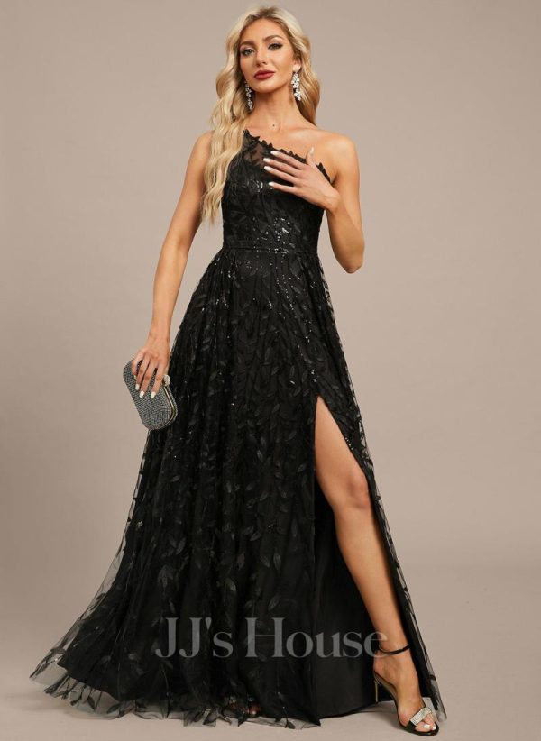 Formal & Evening | A-line One Shoulder Illusion Floor-Length Sequin Lace Evening Dress Black – Womens