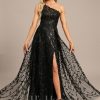 Formal & Evening | A-line One Shoulder Illusion Floor-Length Sequin Lace Evening Dress Black – Womens