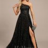 Formal & Evening | A-line One Shoulder Illusion Floor-Length Sequin Lace Evening Dress Black – Womens