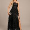 Formal & Evening | A-line One Shoulder Illusion Floor-Length Sequin Lace Evening Dress Black – Womens