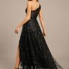 Formal & Evening | A-line One Shoulder Illusion Floor-Length Sequin Lace Evening Dress Black – Womens