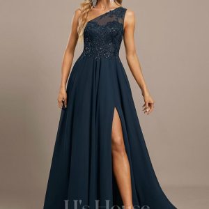 Formal & Evening | A-line One Shoulder Illusion Sweep Train Lace Chiffon Evening Dress With Sequins Dark Navy – Womens