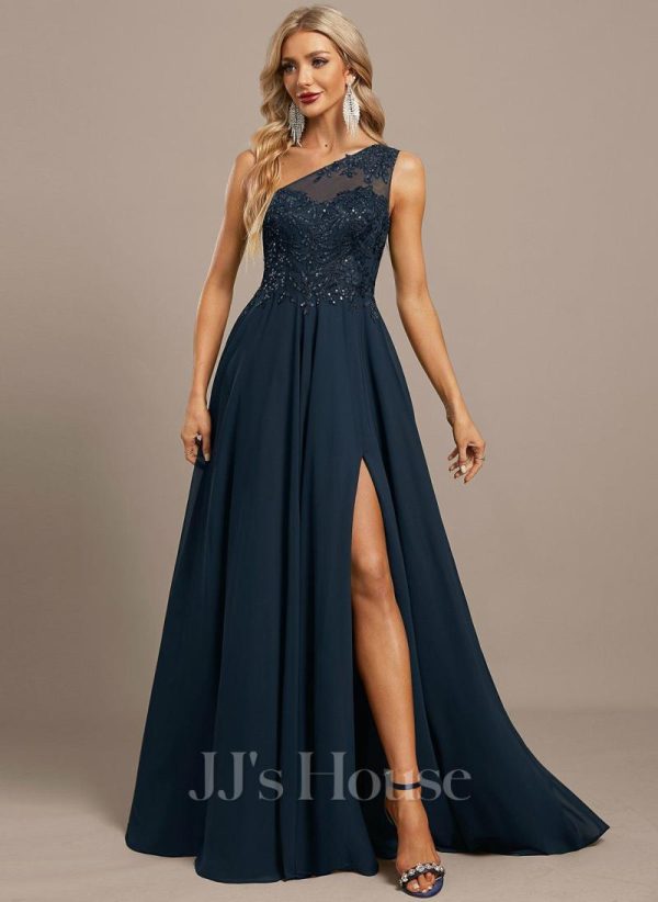 Formal & Evening | A-line One Shoulder Illusion Sweep Train Lace Chiffon Evening Dress With Sequins Dark Navy – Womens