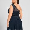 Formal & Evening | A-line One Shoulder Illusion Sweep Train Lace Chiffon Evening Dress With Sequins Dark Navy – Womens