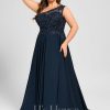 Formal & Evening | A-line One Shoulder Illusion Sweep Train Lace Chiffon Evening Dress With Sequins Dark Navy – Womens