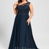 Formal & Evening | A-line One Shoulder Illusion Sweep Train Lace Chiffon Evening Dress With Sequins Dark Navy – Womens