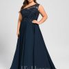 Formal & Evening | A-line One Shoulder Illusion Sweep Train Lace Chiffon Evening Dress With Sequins Dark Navy – Womens