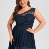 Formal & Evening | A-line One Shoulder Illusion Sweep Train Lace Chiffon Evening Dress With Sequins Dark Navy – Womens