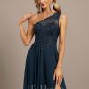 Formal & Evening | A-line One Shoulder Illusion Sweep Train Lace Chiffon Evening Dress With Sequins Dark Navy – Womens