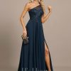 Formal & Evening | A-line One Shoulder Illusion Sweep Train Lace Chiffon Evening Dress With Sequins Dark Navy – Womens