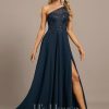 Formal & Evening | A-line One Shoulder Illusion Sweep Train Lace Chiffon Evening Dress With Sequins Dark Navy – Womens