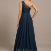 Formal & Evening | A-line One Shoulder Illusion Sweep Train Lace Chiffon Evening Dress With Sequins Dark Navy – Womens