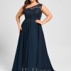 Formal & Evening | A-line One Shoulder Illusion Sweep Train Lace Chiffon Evening Dress With Sequins Dark Navy – Womens