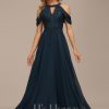 Formal & Evening | A-line Scoop Cold Shoulder Floor-Length Lace Chiffon Evening Dress With Sequins Dark Navy – Womens