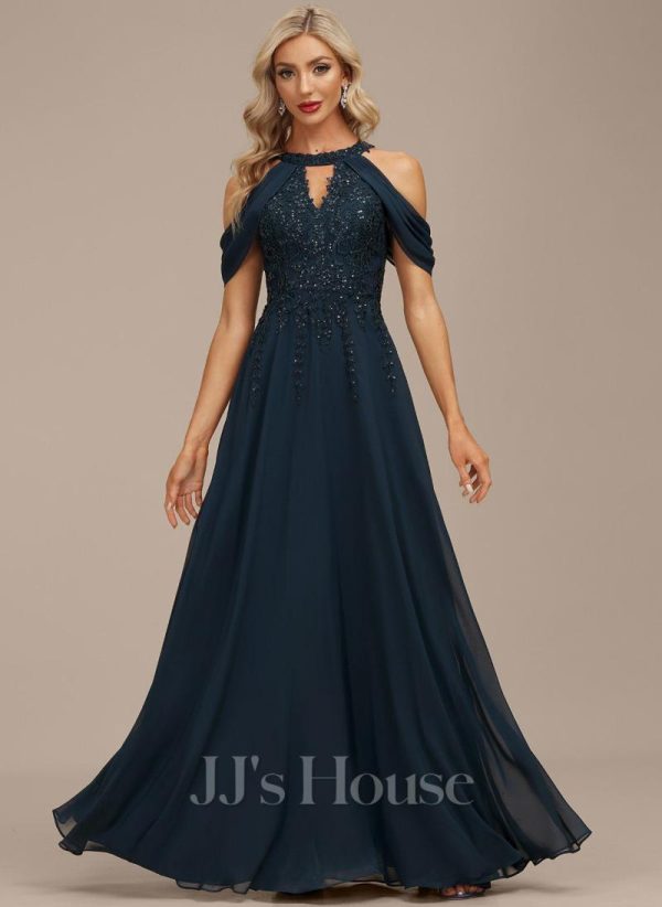 Formal & Evening | A-line Scoop Cold Shoulder Floor-Length Lace Chiffon Evening Dress With Sequins Dark Navy – Womens