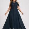 Formal & Evening | A-line Scoop Cold Shoulder Floor-Length Lace Chiffon Evening Dress With Sequins Dark Navy – Womens